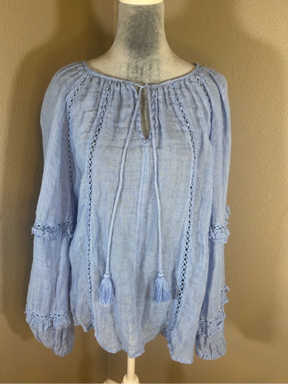 Sundance Light Blue Linen Peasant Top with Tassels Size L - Picture 3 of 11